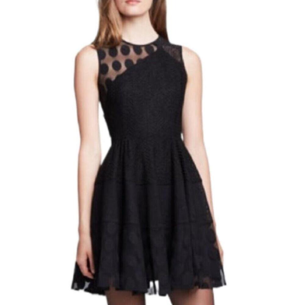 Nanette Lepore Polka Dot Fit & Flare Dress 2 Black Crew Sleeveless Tiered Miniโ
